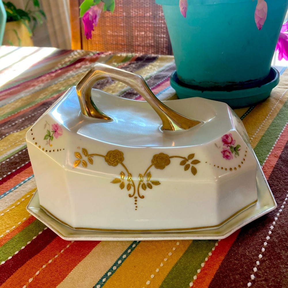 Vintage Royal Rudolstadt hand-painted and gold-accented butter/cheese keeper